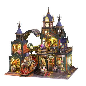 DIY 3D Wooden Puzzle Miniature House - Steampunk Railtrack Station with LED