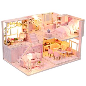 DIY Miniature Wooden Dollhouse Kit - Pink Dream Villa with LED & Music Box