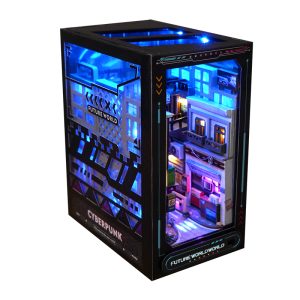 DIY Miniature Wooden Book Nook Kit - Cyberpunk Future City with Mirror&LEDs